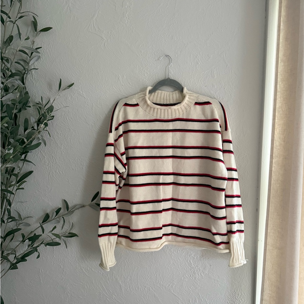 Striped Mock Neck Cream and Red Women's Sweater